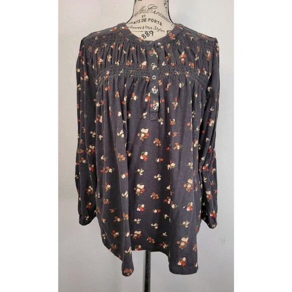 Lucky Brand Babydoll Top SZ Small Gray Floral Bohemian Peasant Long Sleeves - Picture 2 of 10